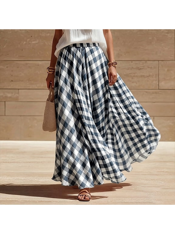 Women's Vintage Gingham A-Line Maxi Skirt with Elastic Waist - Checkered Long Skirt for Summer Picnics & Casual Daily Wear