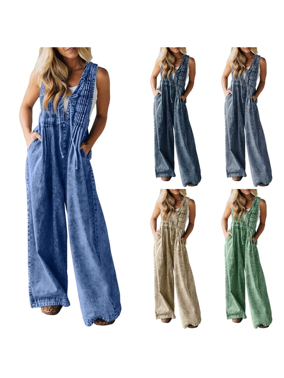 Women's Vintage Wash Sleeveless Denim Jumpsuit with Drawstring Waist - Loose Fit Wide Leg Overalls for Beach Holiday & Daily Outings