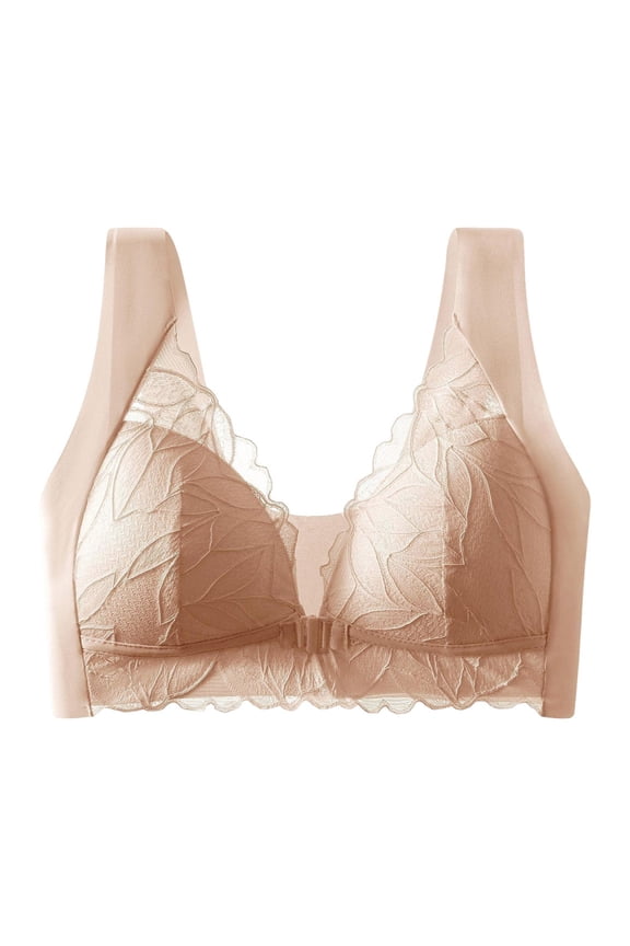 Women's Wide Strap Full Coverage Lace Bra with Gentle Side Support - Wireless Leaf Pattern Bandeau for Comfortable All-Day Wear