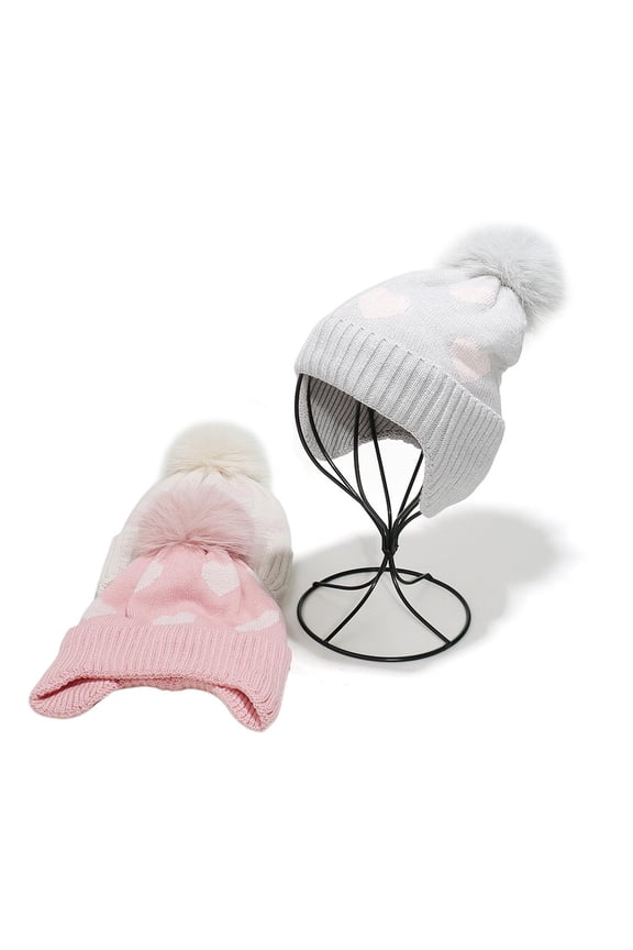 Women's Winter Beanie Hat with Cute Heart Pattern Knitted Skull Cap Pom Pom Fleece Lined Warm Soft Cuffed Ski Hat for Cold Weather Daily Wear Outdoor Activities