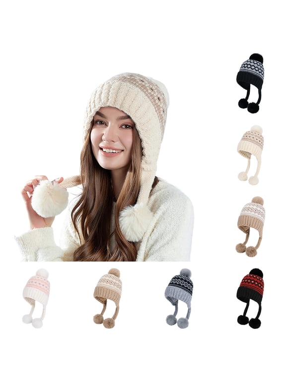 Women's Winter Knit Beanie Hat with Ear Flaps and Pom Pom Tassels Cute Striped Pattern Warm Fleece Lined Skull Cap for Skiing Daily Wear Cold Weather Days