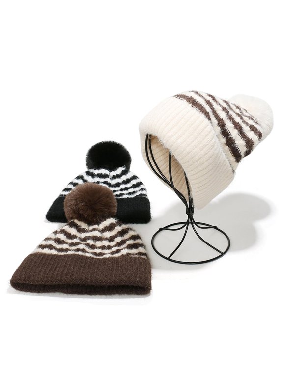 Women's Winter Knit Beanie Hat with Striped Pattern and Fluffy Pom Pom Warm Fleece Lined Cuffed Skull Cap Casual Skiing Hat for Cold Weather Daily Commute