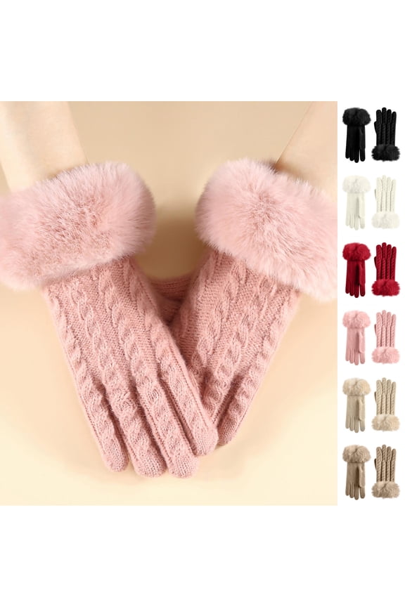 Women's Winter Knit Gloves Warm Fleece Lined Soft Cable Knit Hand Warmer with Fluffy Faux Fur Cuffs Cozy Thermal Gift for Cold Weather