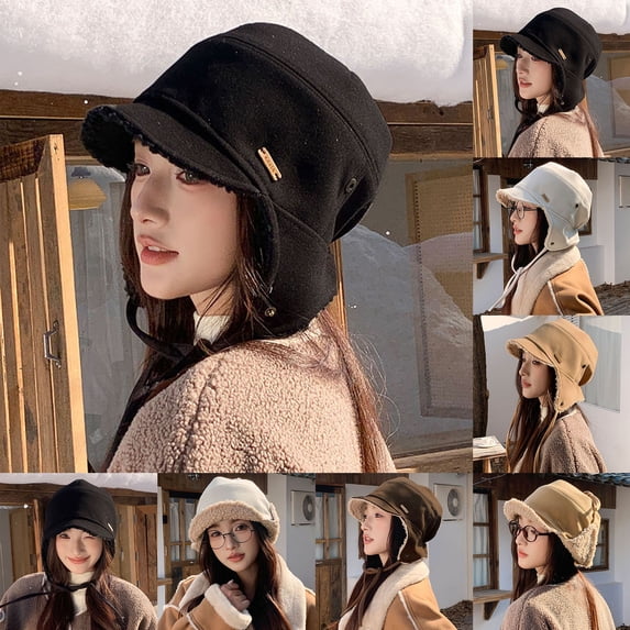 Umfun Women's Winter Trapper Hat with Ear Flaps and Snap Button Fleece Lined Warm Skiing Cap Cold Weather Windproof Outdoor Snow Hat with Classic Protective Design