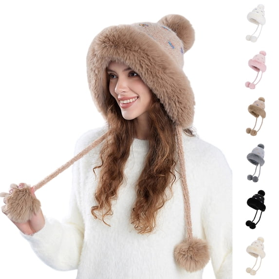 Umfun Women's Winter Trapper Hat with Pom Pom Tassels Plush Lined Warm Windproof Skiing Cap Adjustable Drawstring for Outdoor Cold Weather Activities
