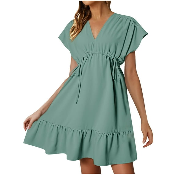 Umfun Womens Summer Dress Casual Short Sleeve Dress V Neck Drawstring Ruffle A-Line Mini Dress Mint Green M
