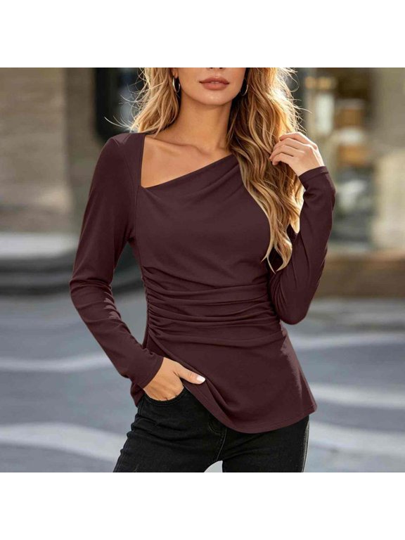 Women's Asymmetrical Tops Long Sleeve Casual Slim Fit Shirts with Ruched Detail - Basic Pullover Top for Daily Wear and Party