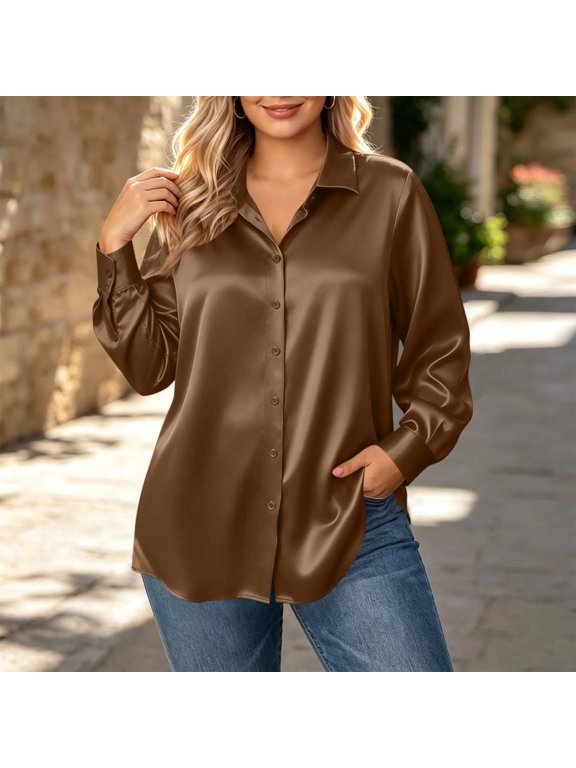 Women's Button Shirts Collared Long Sleeve Office Blouses - Elegant Work Tunic Top for Daily Wear and Party