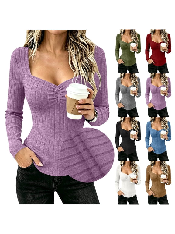 Womens Tops Sweetheart Neck Ribbed Knit Tops for Women Long Sleeve Slim Fit Pullover Shirts for Women Ruched Bust Autumn Cozy Casual Tunic Blouse for Work and Casual Daily Wear L Size Black