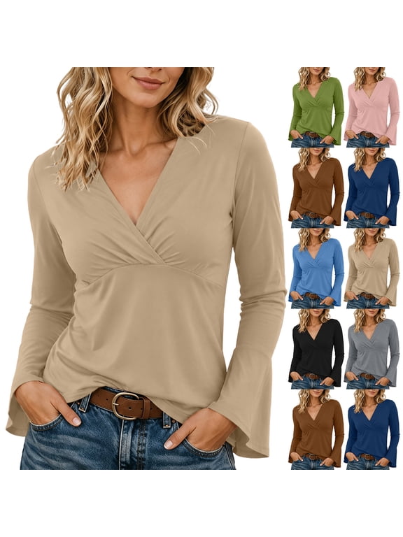 Wrap V Neck Long Sleeve Tops for Women Flare Sleeve Slim Fit Blouses for Women Casual Fall Elegant Pullover Shirt for Work and Party Wear M Size Green