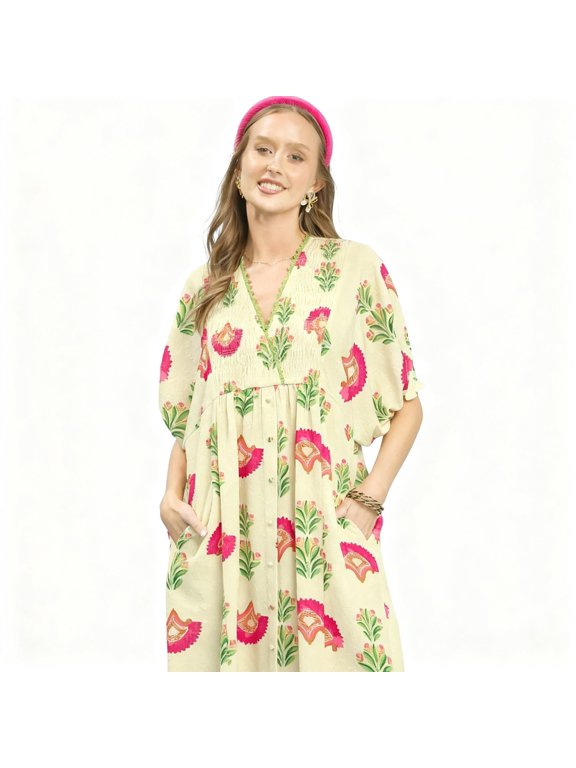 Umgee Abstract Print V-Neck Midi Dress Women's Buttoned Shift Dress with Pockets