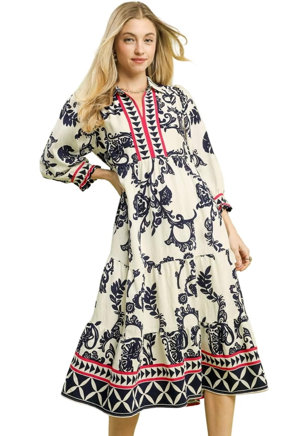 Umgee Boho Print Tiered Midi Dress