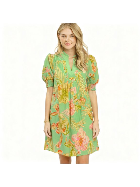 Umgee Botanical Print Smocked Dress for Women, 100% Cotton Ruched Lined Casual Dress