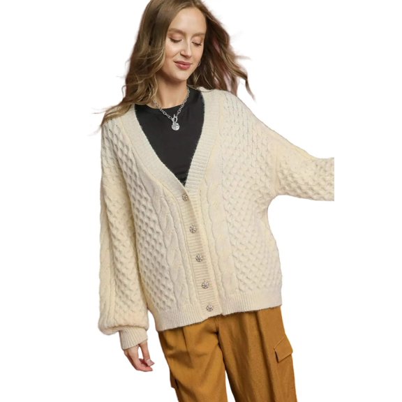 Umgee Cable Knit Pearl Button Cardigan