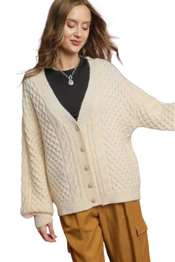 Umgee Cable Knit Pearl Button Cardigan