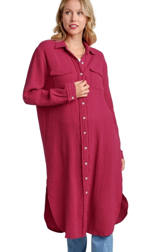 Umgee Cotton Gauze Button Down Shirt Dress