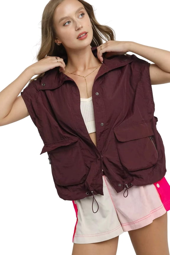 Umgee Drawstring Hem Nylon Vest with Pockets