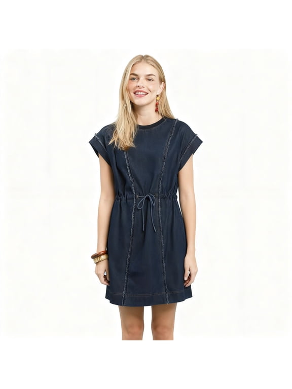 Umgee Drawstring Waist Frayed Denim Mini Dress for Women, Distressed Casual Dress with Pockets