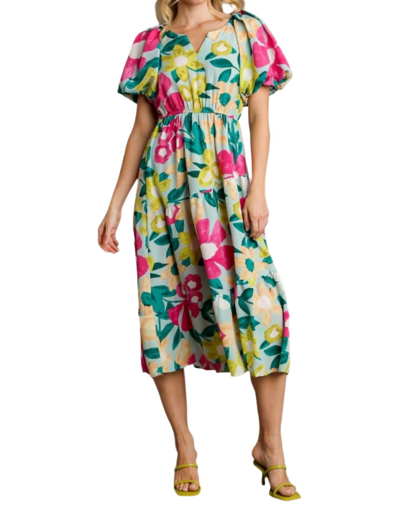 *Sale* Umgee Flower Patch Boarder Print V-Neck Midi Dress