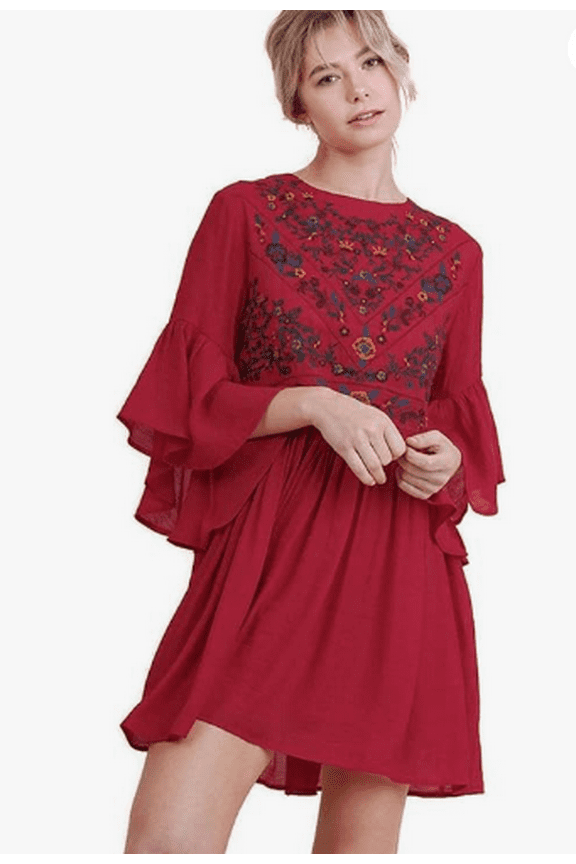 Floral Embroidered Keyhole Bell Sleeve Mini Dress, Women's