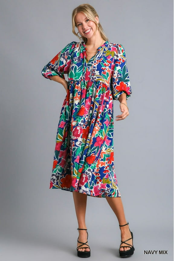 Floral Print Tie Neck Midi Dress with Pockets