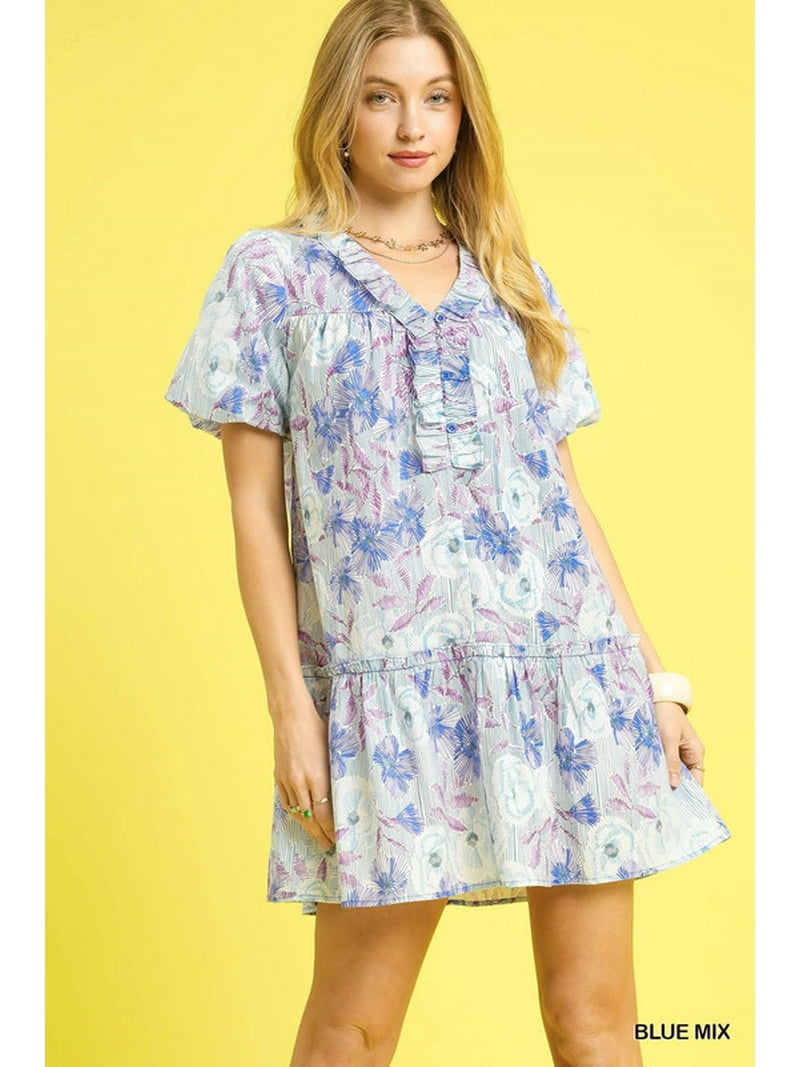 Umgee Floral Ruffled Puff Sleeve Mini Dress - Walmart.com