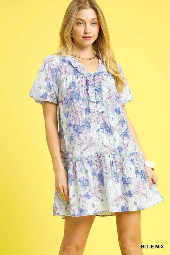 Floral Ruffled Puff Sleeve Mini Dress