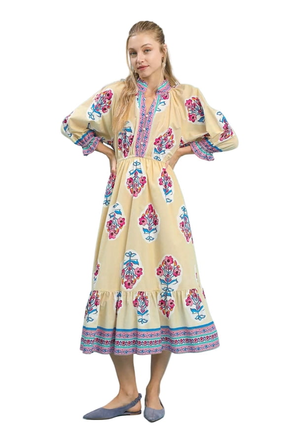 Umgee Flower Patch Border Print Midi Dress