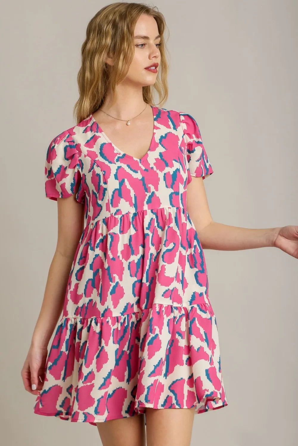 Umgee Full Size Tiered Floral Print Notched Puff Sleeve Midi Dress Plus Size