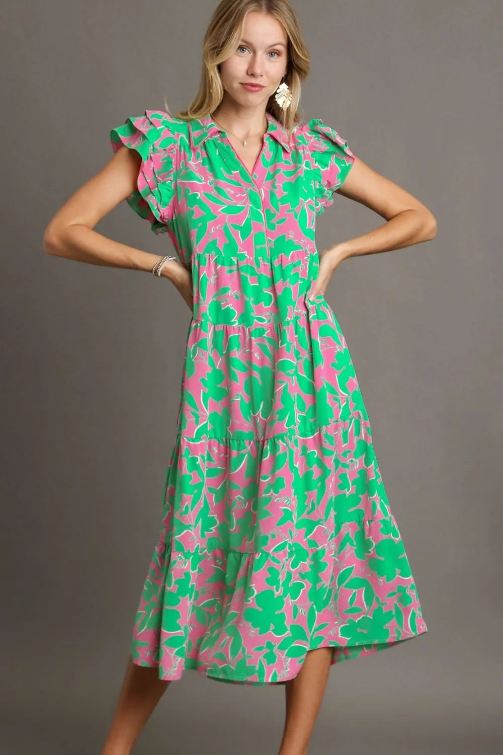 Umgee Full Size Two Tone Floral Print Puff Sleeve Tie Waist Dress Plus Size