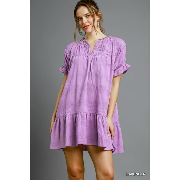 Umgee Heart Pattern Short Sleeve Ruffle Babydoll Dress