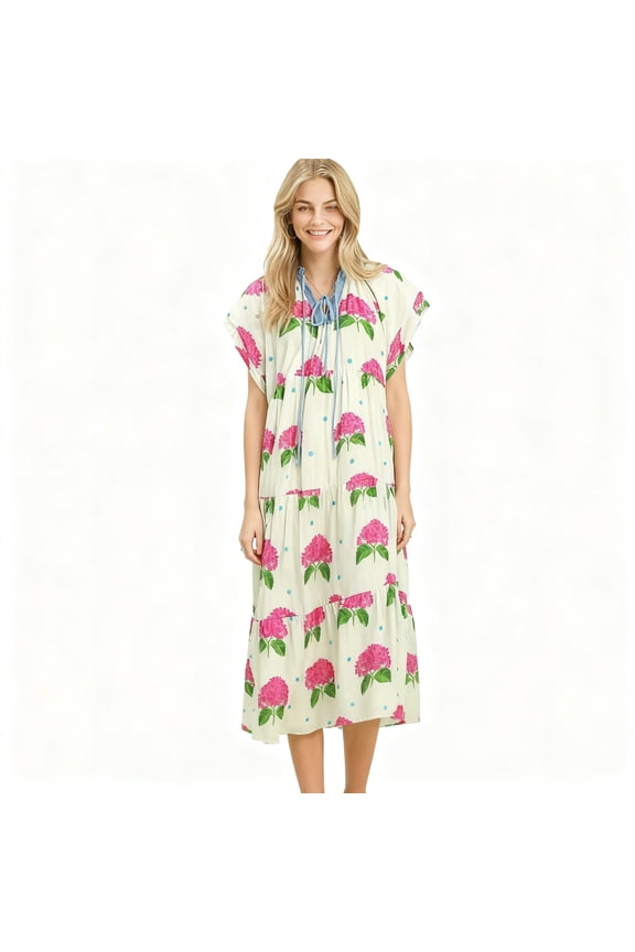 Umgee Hydrangea Print Tiered Midi Dress, Lined Ruffle Dress with Pockets for Women