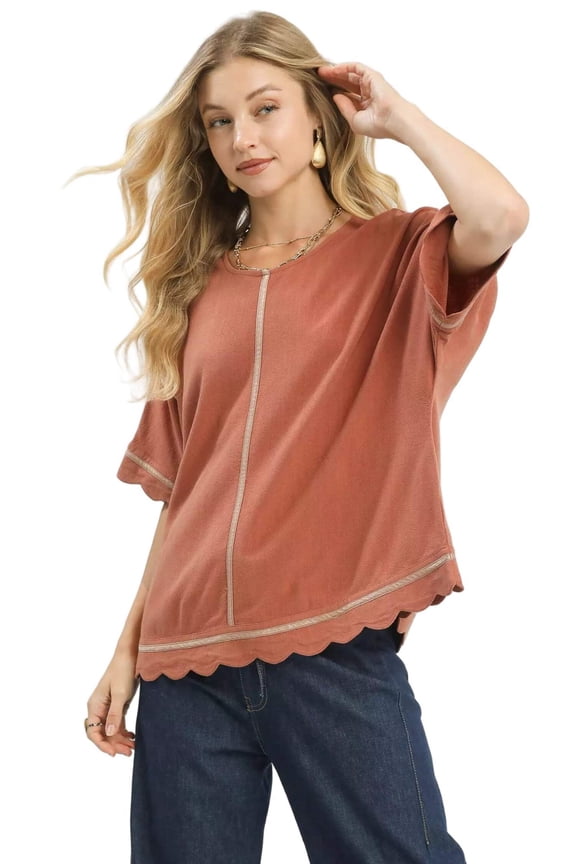 Umgee Linen Blend Scallop Trim Top