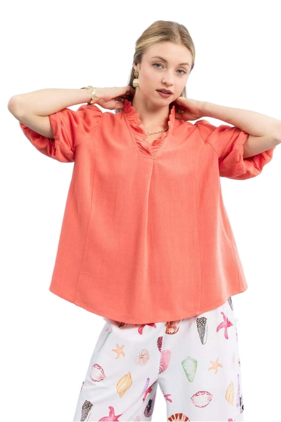 Umgee Linen Scallop Trim V-Neck Blouse
