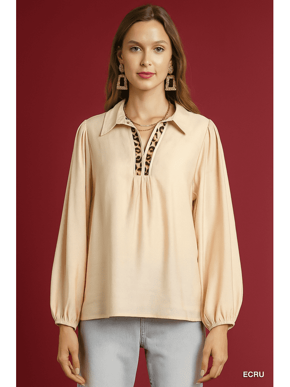 Long Sleeve Blouse with Leopard Print Trim