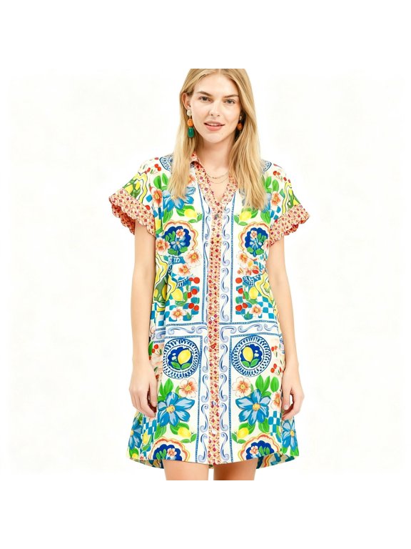 Umgee Mediterranean Print Dress, Buttoned Ruffled Boho Floral Dress for Women, Lined Casual Dress