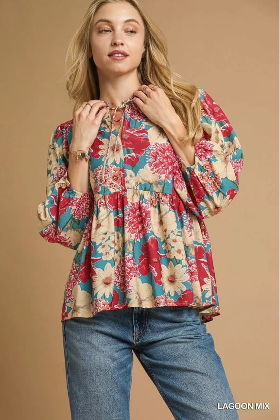 Umgee Mix Floral Peplum Blouse with Tie Neck