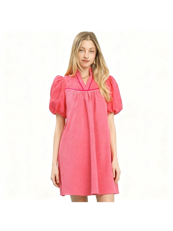 Umgee Puff Sleeve Textured Babydoll Dress, 100% Cotton Smocked Shift Dress with Pockets for Women