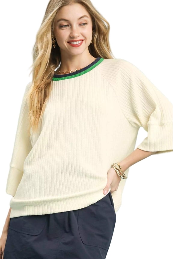 Umgee Ribbed Knit Top with Contrast Trim
