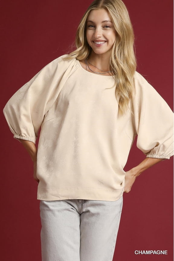 Satin Jacquard Balloon Sleeve Blouse