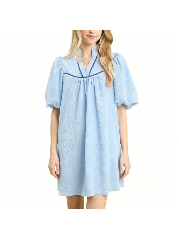Umgee Seersucker Puff Sleeve Dress, Lined Shift Dress with Pockets, Women's Casual Everyday Dresses