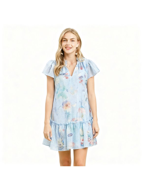 Umgee Textured Ruffle Hem Mini Dress for Women, Lined Casual Ruffle Shift Dress, 100% Polyester