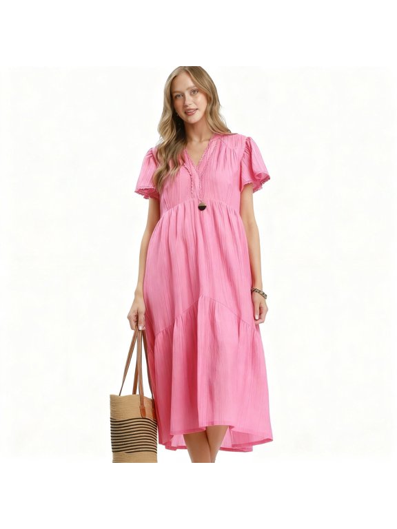Umgee Textured Tiered Midi Dress with Side Pockets, Lined Ruffle Dress for Women, Tencel Blend
