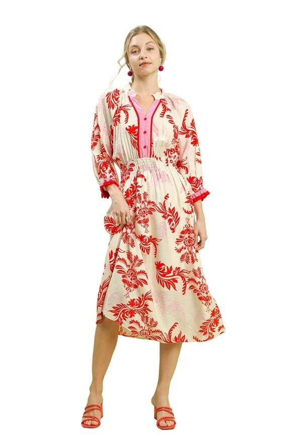 Umgee Tropical Print Button Detail Midi Dress