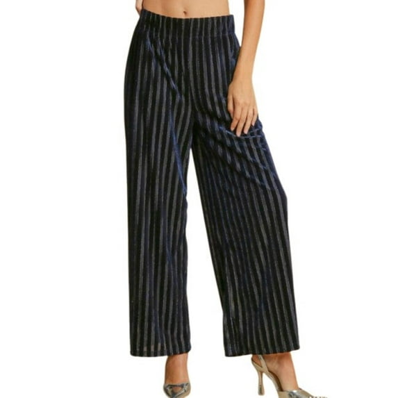Umgee Women's Elastic Waist Striped Wide Leg Velvet Pants