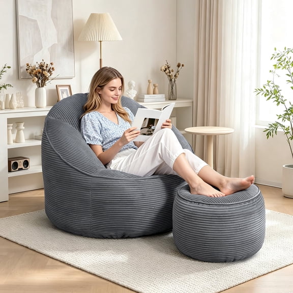 Umi Patio Bean Bag Chair with Foot Stool, 40.5" Corduroy Bean Bag Sofa for Living Room Bedroom