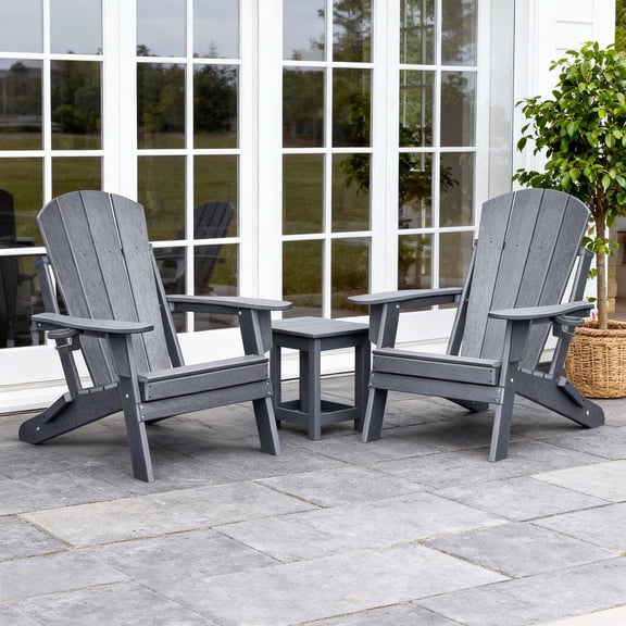 Umi Patio Folding Adirondack Chair3pc with side table, all-weather HDPE material, suitable for outdoor use, patios, poolside, and gardens - Gray