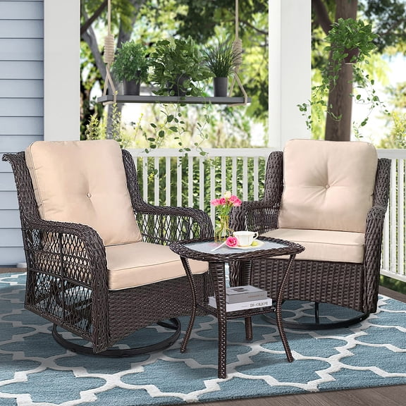 Umi Patio Outdoor Swivel Rocker Chair Set, 3-Piece Weather-Resistant Wicker Patio Furniture with Beige Cushionsfor Backyard