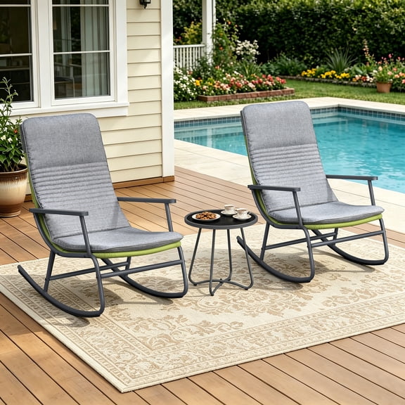 Umi Patio3-Piece Patio Rocking Chair Bistro Set, Heavy Duty 400 LBS Rocking Chairs with 17.3" Side Table, Gray Cushion & Green Wicker for Garden, Balcony