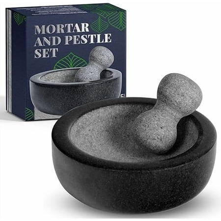 Umien™ 8" Granite Mortar and Pestle Set | Black Guacamole Bowl Molcajete for Grinding Spices, Herbs, and Sauces | Includes Avocado Tool
